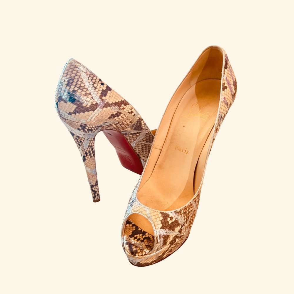 Christian Louboutin Snakeskin  Brown Platform Peep-Toe Heels sz40 $389